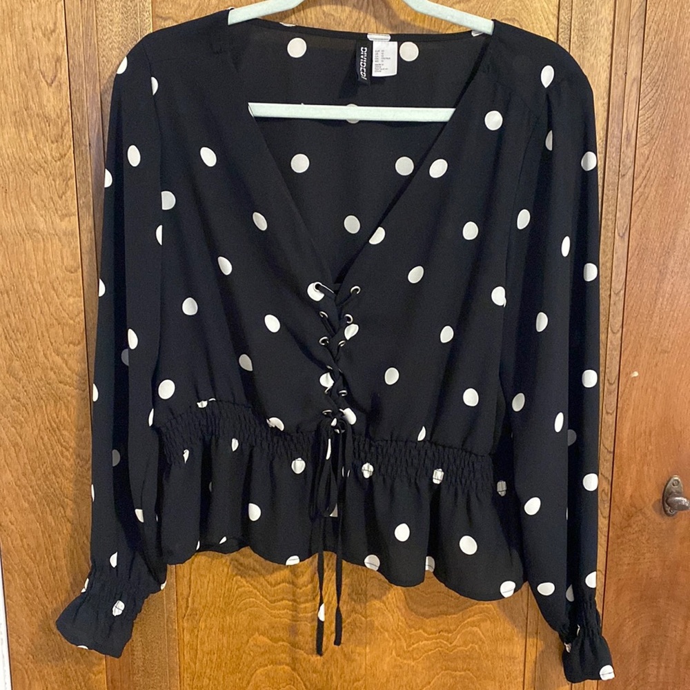 H&M Black Polka Dot Lace-Up Peplum Blouse